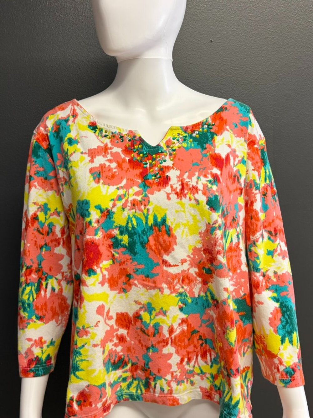 Ruby Rd XXL  Floral Tropical Top 3/4 Sleeve Split Boat Neckline Watercolors